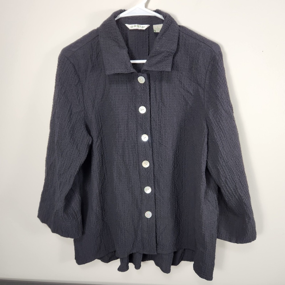 Orvis Black Crinkle 3/4 Sleeve Mother Pearl Button Front Blouse Lagenlook Size L